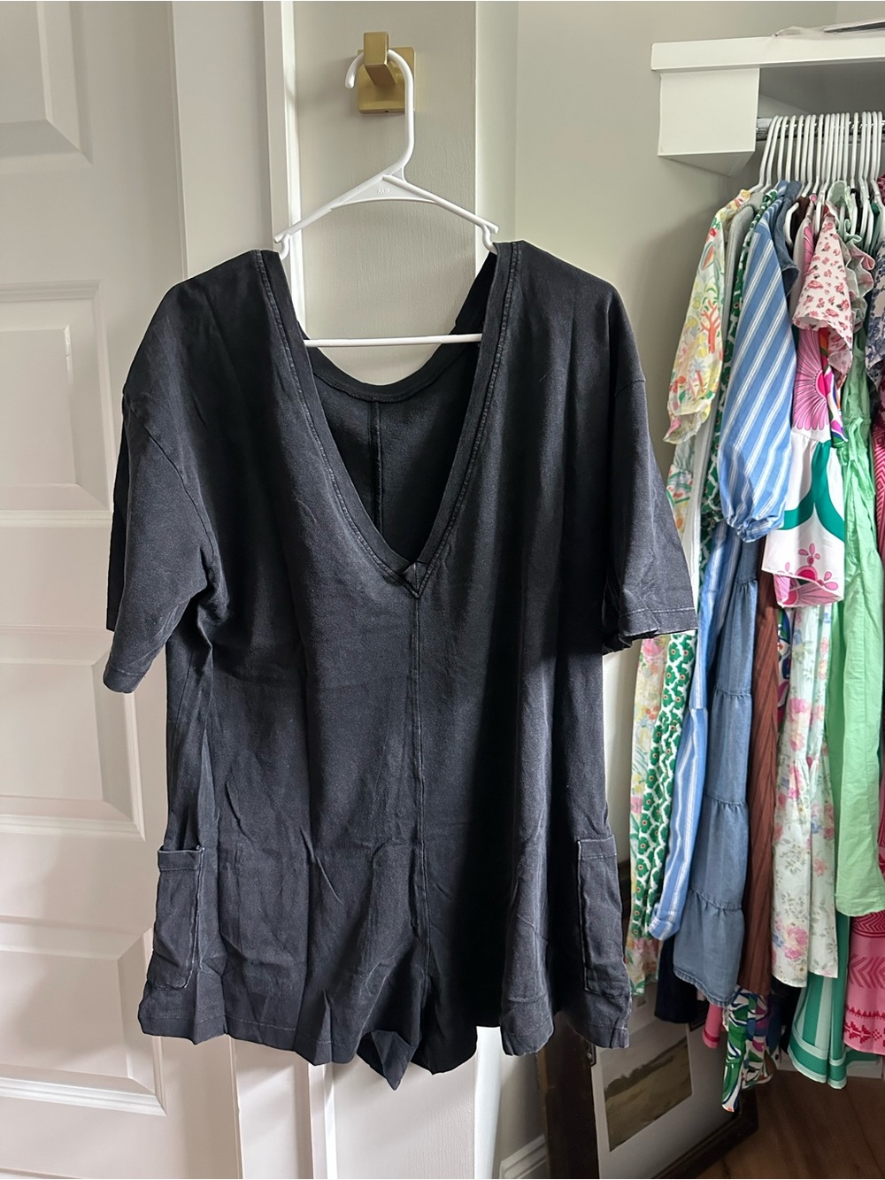 Relaxed Black V-Neck Short Sleeve romper with Pockets
